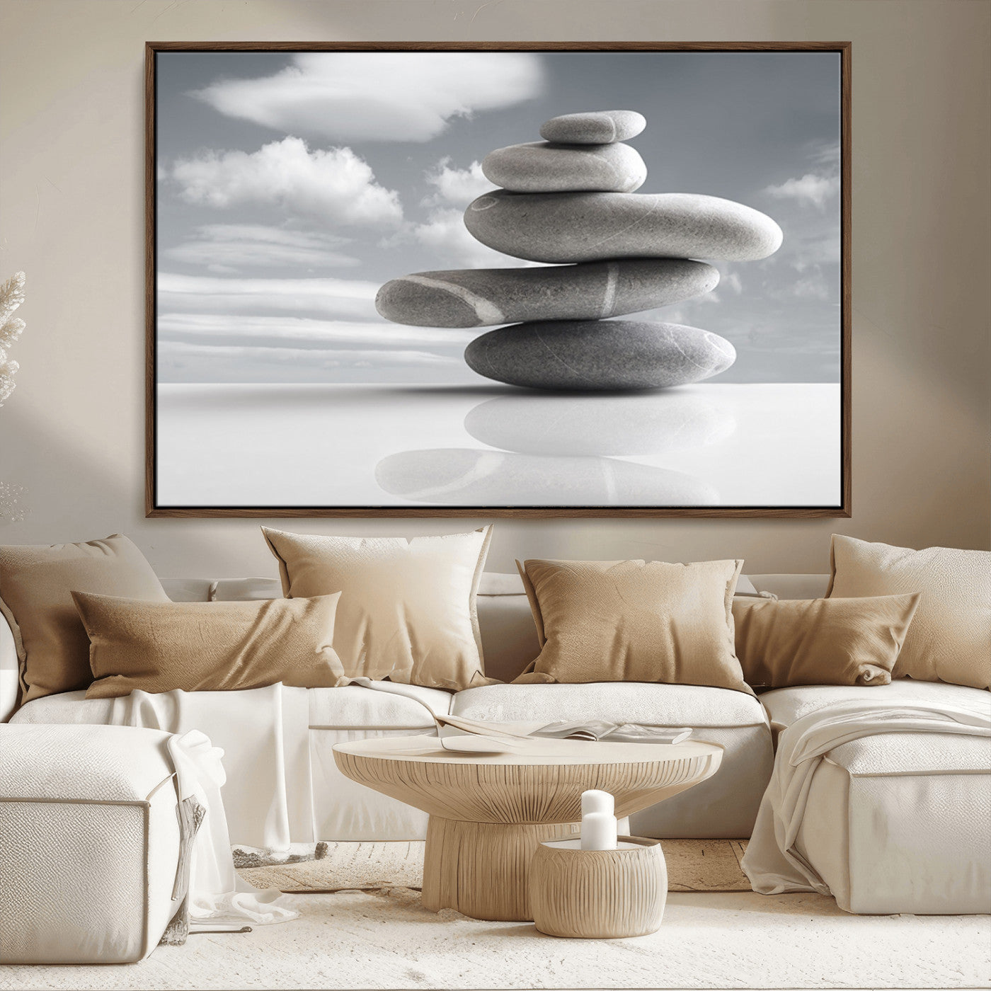 MGV-FC-36X24 - Still Life Black and White Zen Stones Wall Art Canvas, Framed Black and White Zen Stones Canvas