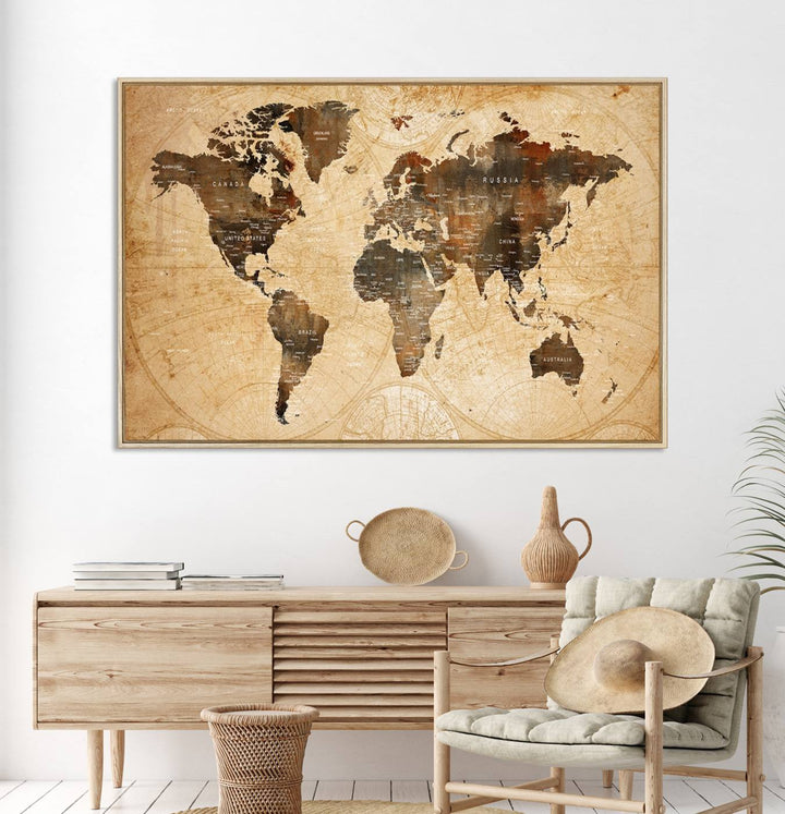 Vintage World Map Wall Art | 3 Panel Large Canvas Art | Antique World Map Canvas Print | Rustic Map Wall Art, Framed Gallery Wrapped