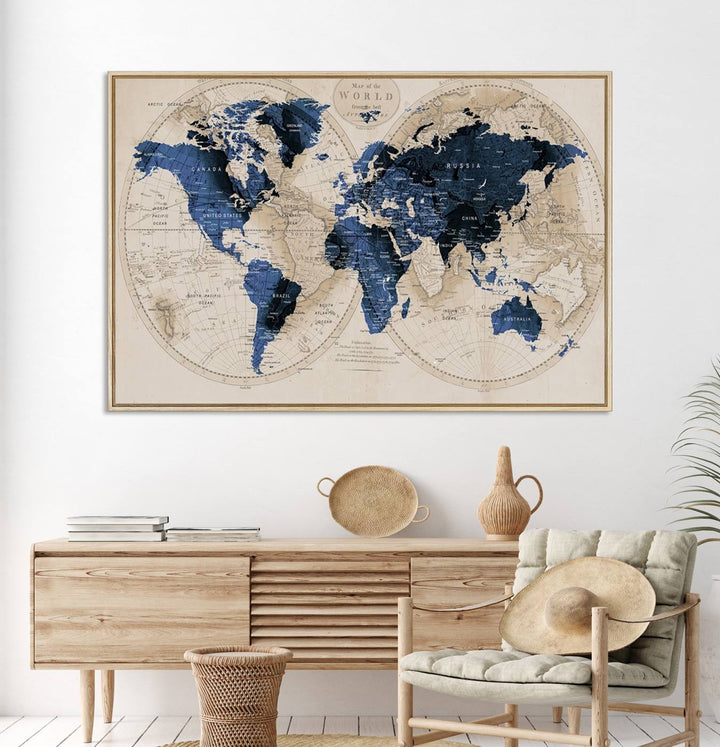 The Vintage Triptych Map Print is a grunge-stained blue and beige world map, perfect for enhancing wall decor.