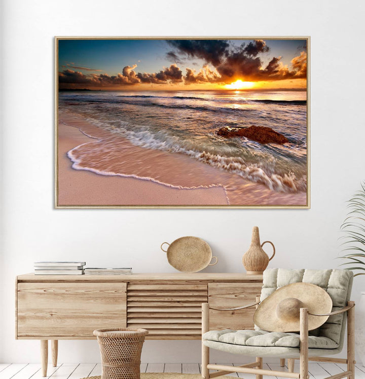 The Sunset on Ocean Wall Art Canvas Print beautifully captures a beach sunset, gentle waves, and a peaceful atmosphere.