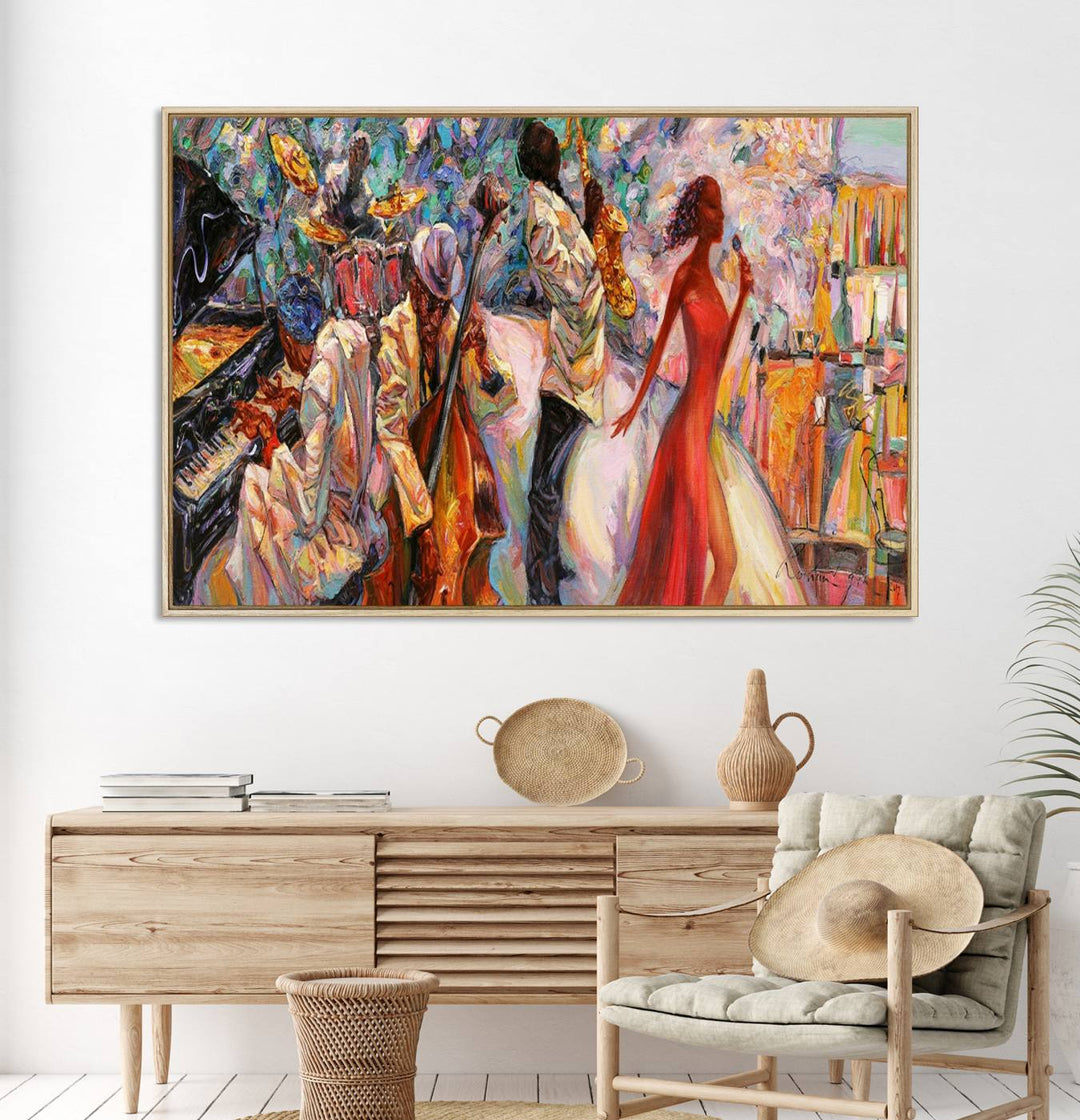 The Abstract Afro American Jazz Canvas captures a vibrant jazz band and showcases a woman dancing in red, making it perfect for dining or music spaces.