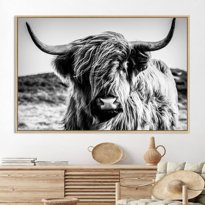 Highland Cow Wall Art | 3-Panel Black and White Highland Cow Canvas Print for Western Farmhouse Decor