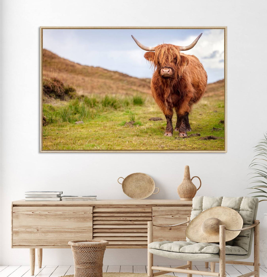 A Highland Cow Animal Canvas Wall Art hangs on the wall, adding warmth to the room.