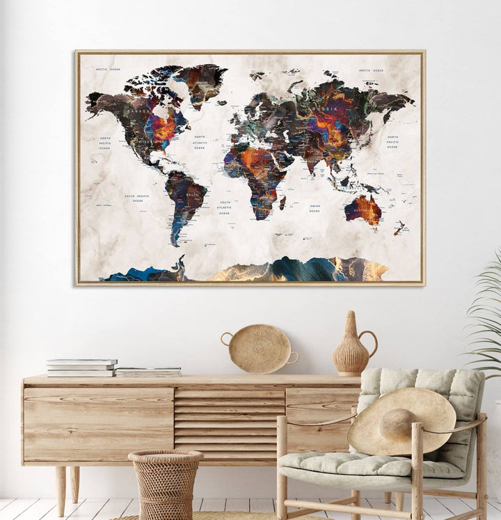 Watercolor World Map Canvas Print in earthy hues with a grunge background, ideal for wall decor.