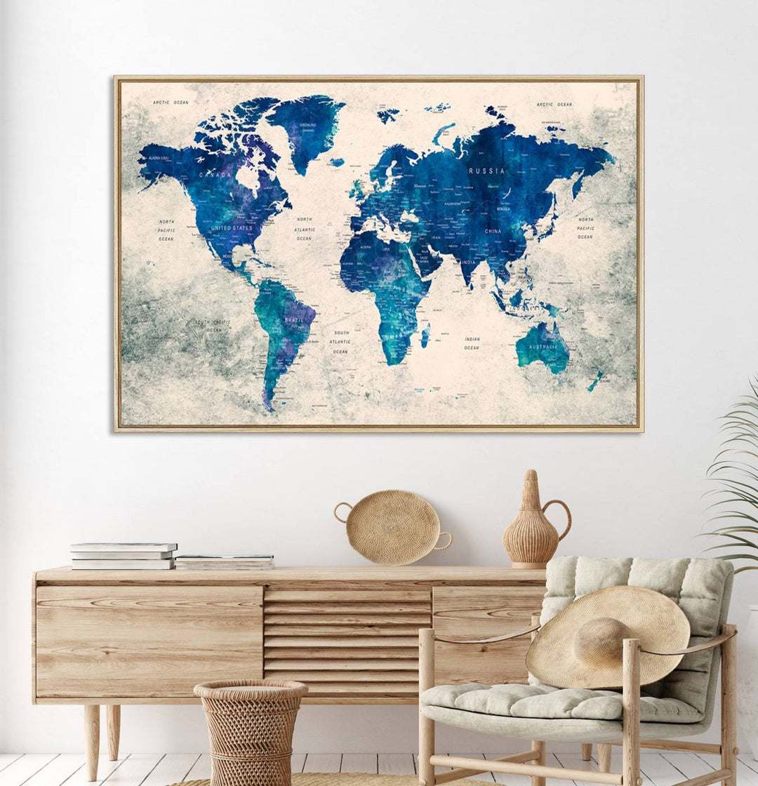 Navy Blue Push Pin World Map Canvas Print featuring a grunge-stained background, with labeled countries and oceans.