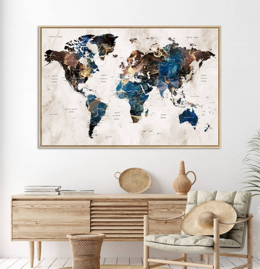 Abstract earth-toned 3-panel world map wall art featuring blues and browns, ready to hang; it showcases continents on modern canvas.