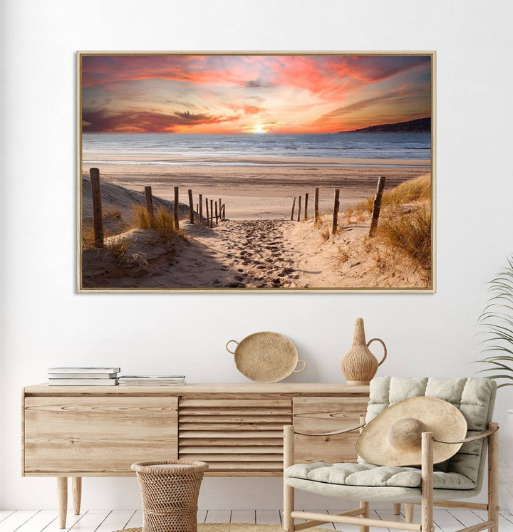 The Sunset on the Sea Wall Art Canvas Print beautifully captures a beach sunset and waves, enhanced with a UV-protective coating.