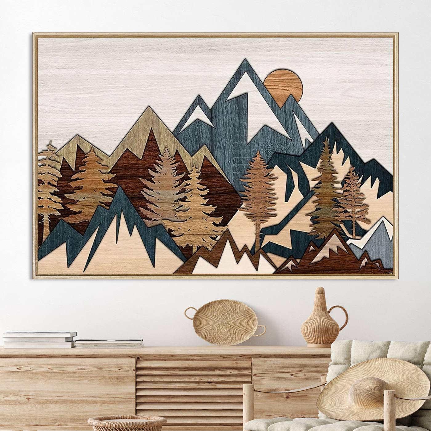 67950-MGV-CV-36X24-Rustic Abstract Wood Panel Effect Canvas Mountain Range Top Wood Wall Art Canvas Print