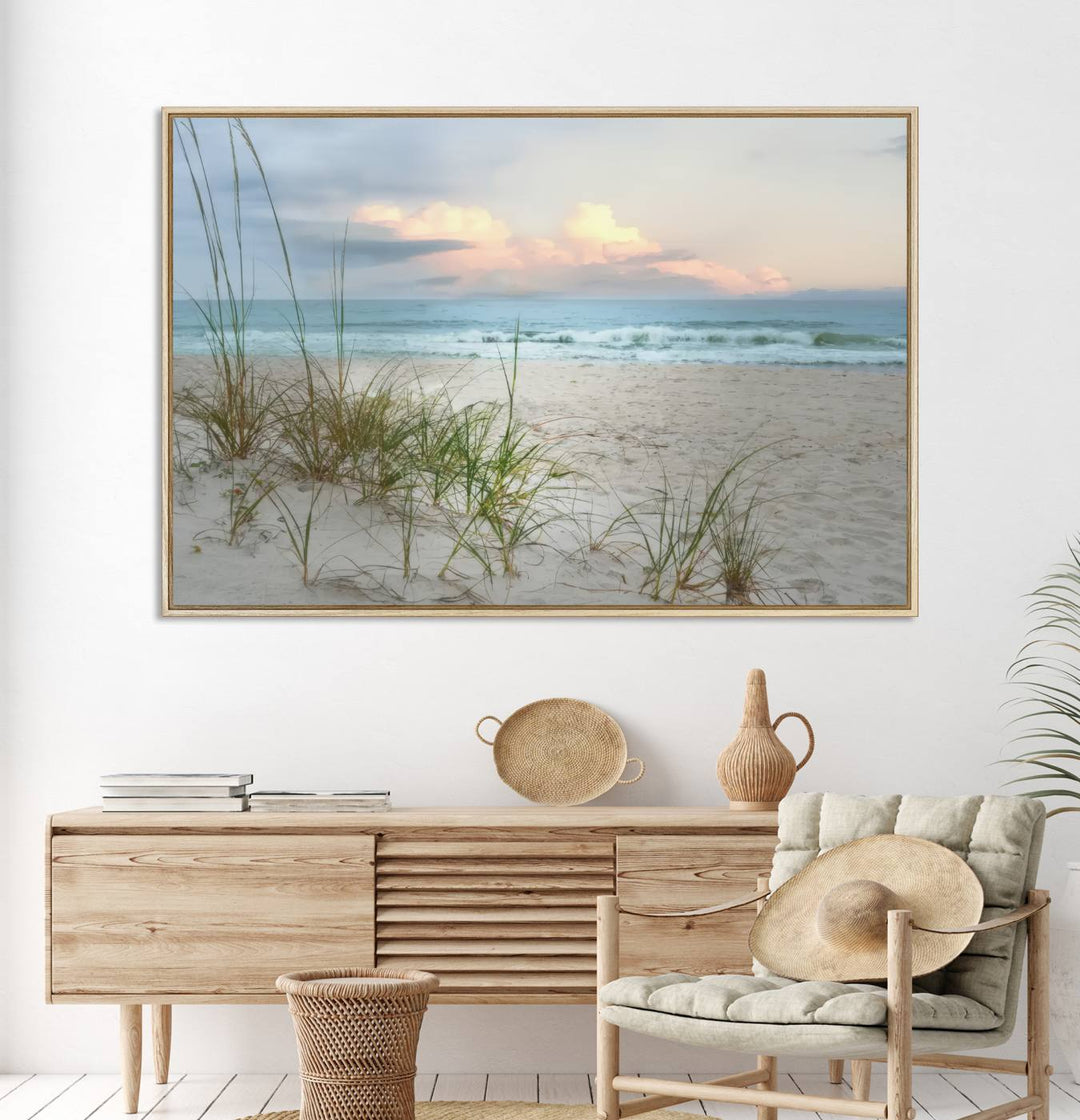 Flight Over Coastal Beach print on UV canvas displayed against white walls.