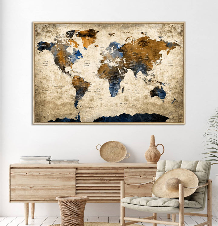Vintage World Map Canvas Wall Art – Textured Triptych Map Print – Global Decor for Living Room or Office – Ready to Hang