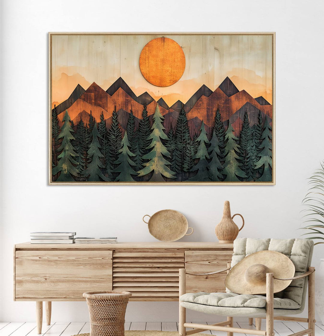 Sunset Mountain Landscape canvas wall art print featuring forest and wooden textures in green, brown, and orange.