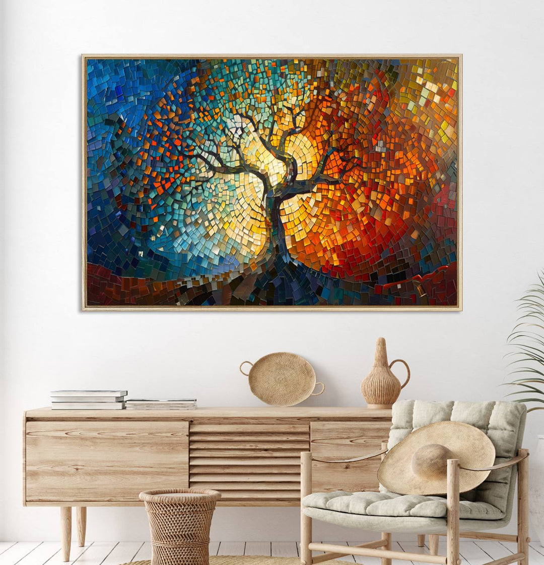 Mosaic Tree Canvas Wall Art: A stunning stained glass-inspired Tree of Life featuring blue and orange swirling patterns reminiscent of a sunburst.