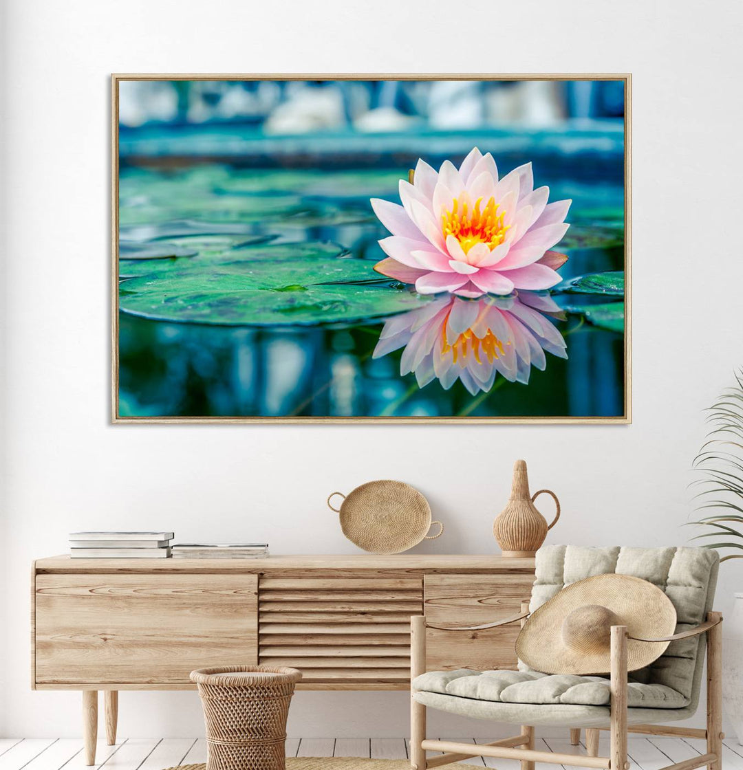 The Lotus Flower Canvas Print showcases a pink water lily with a yellow center gracefully floating on a calm pond.