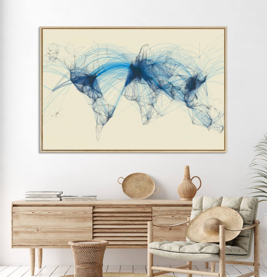 Flight Routes Map: Air Traffic Avi World Map featuring blue lines symbolizing global data. Ideal for home decor and ready to hang.