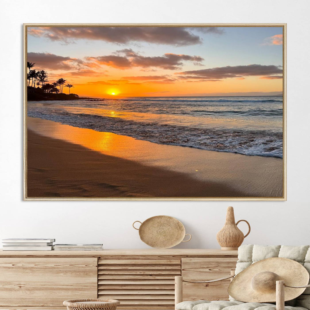 Sunset Wall Art Print featuring a beach sunset with waves and palms, perfect for coastal decor.