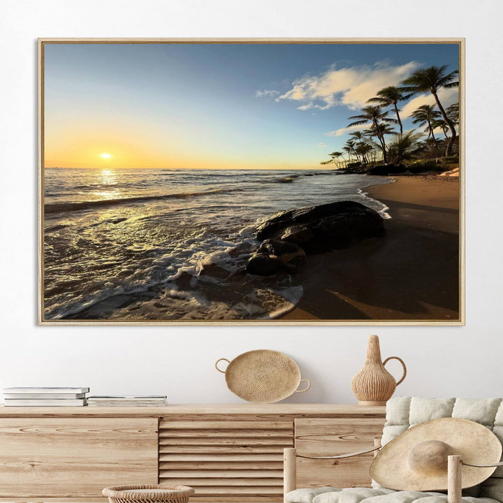 A serene tropical sunset on canvas, featuring palms and waves, serves as perfect Tropical Beach Wall Art for home or office decor.