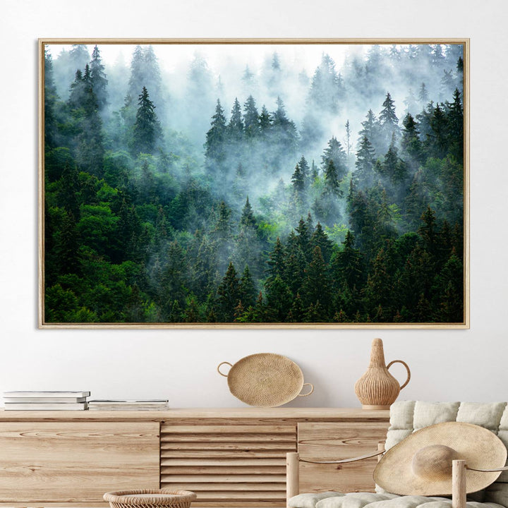 Misty Forest Art Wall Art Canvas Print, Foggy Mountain Art Print, Framed Scenic Wall Print Art Print, Large Woodland Canvas Printing Perfect