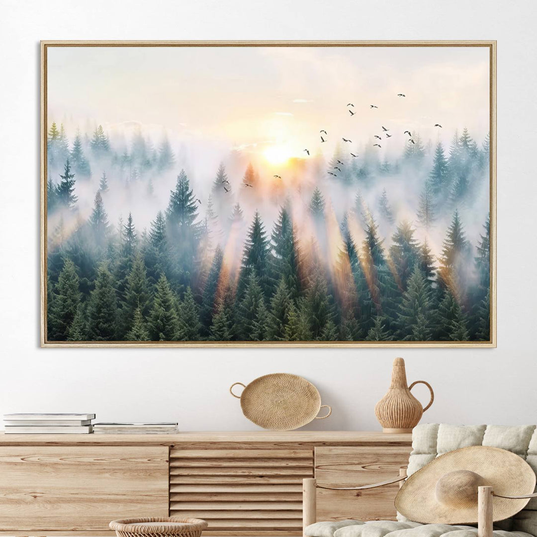 Misty Pine Forest Wall Art: A depiction of sunrise over foggy trees and birds against a bright sky; a framed woodland scene ideal for home or office decor.