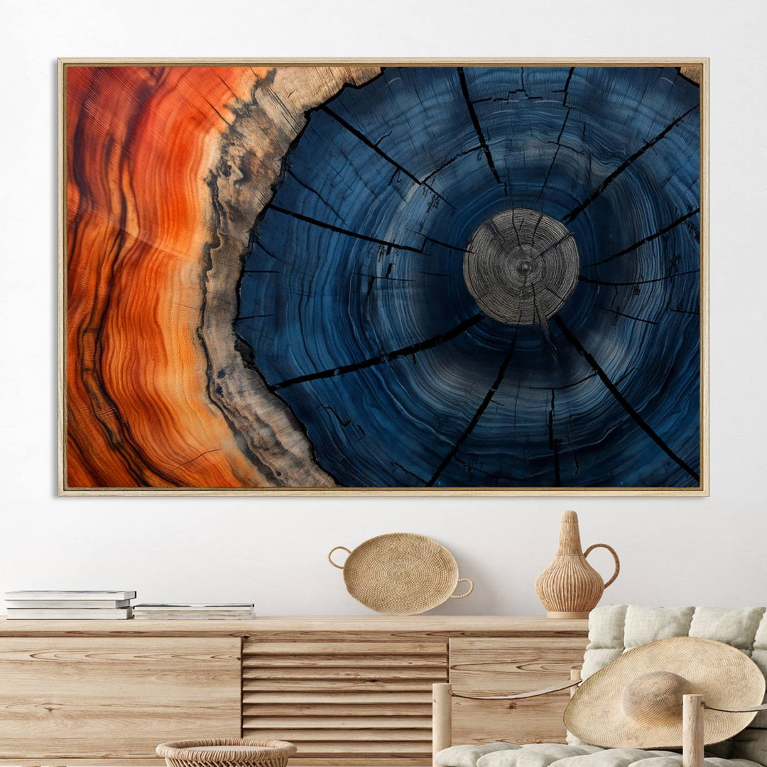 Abstract Tree Rings Canvas Print with vibrant colors—ideal farmhouse wall art for a woodland-themed home.