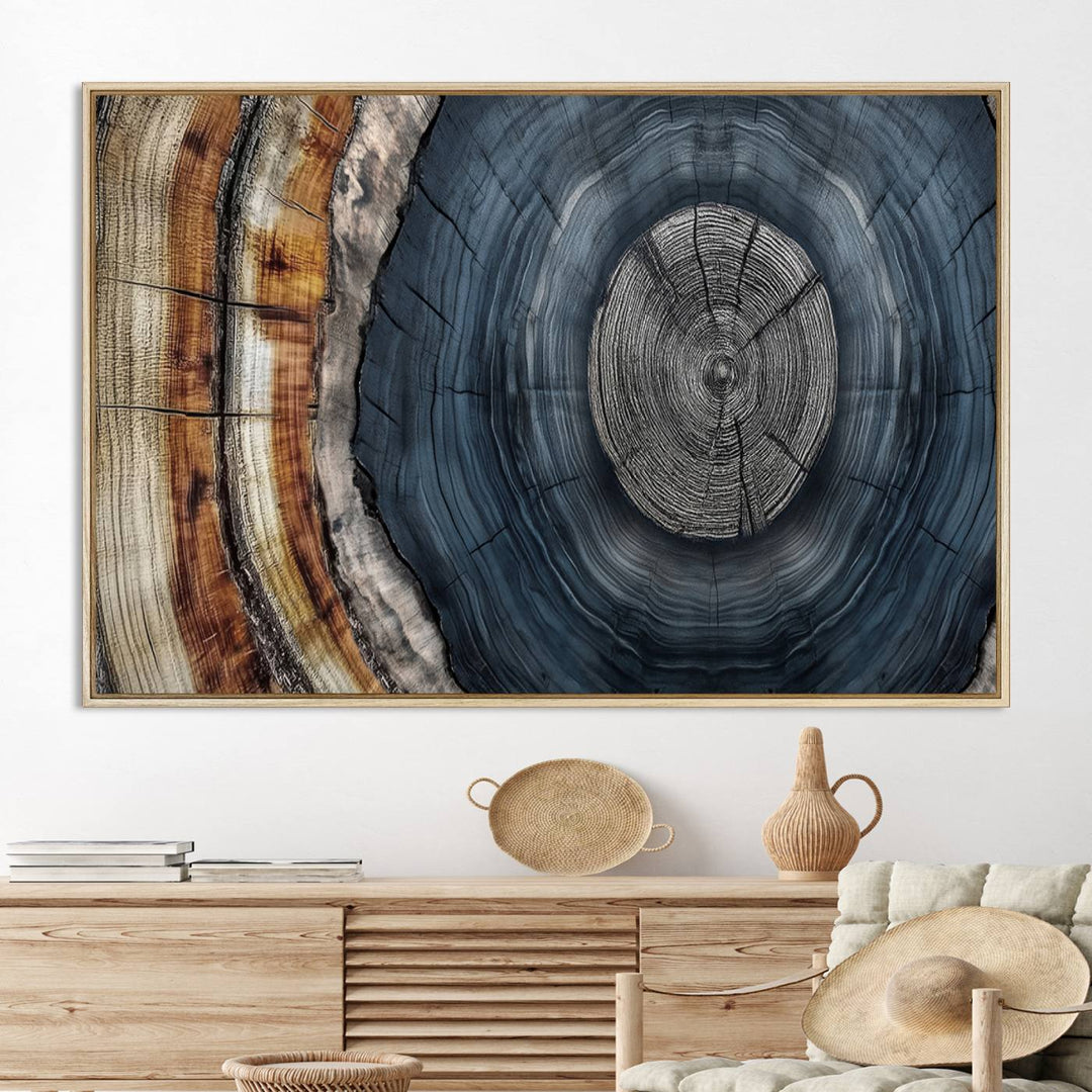 Close-up of the Abstract Tree Rings Wall Art Print featuring shades of blue, brown, and gray.