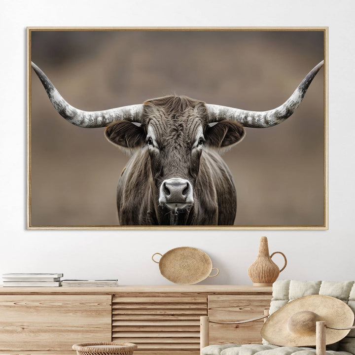 The Framed Texas Longhorn Bull Art Canvas Print adds timeless elegance to the serene setting.