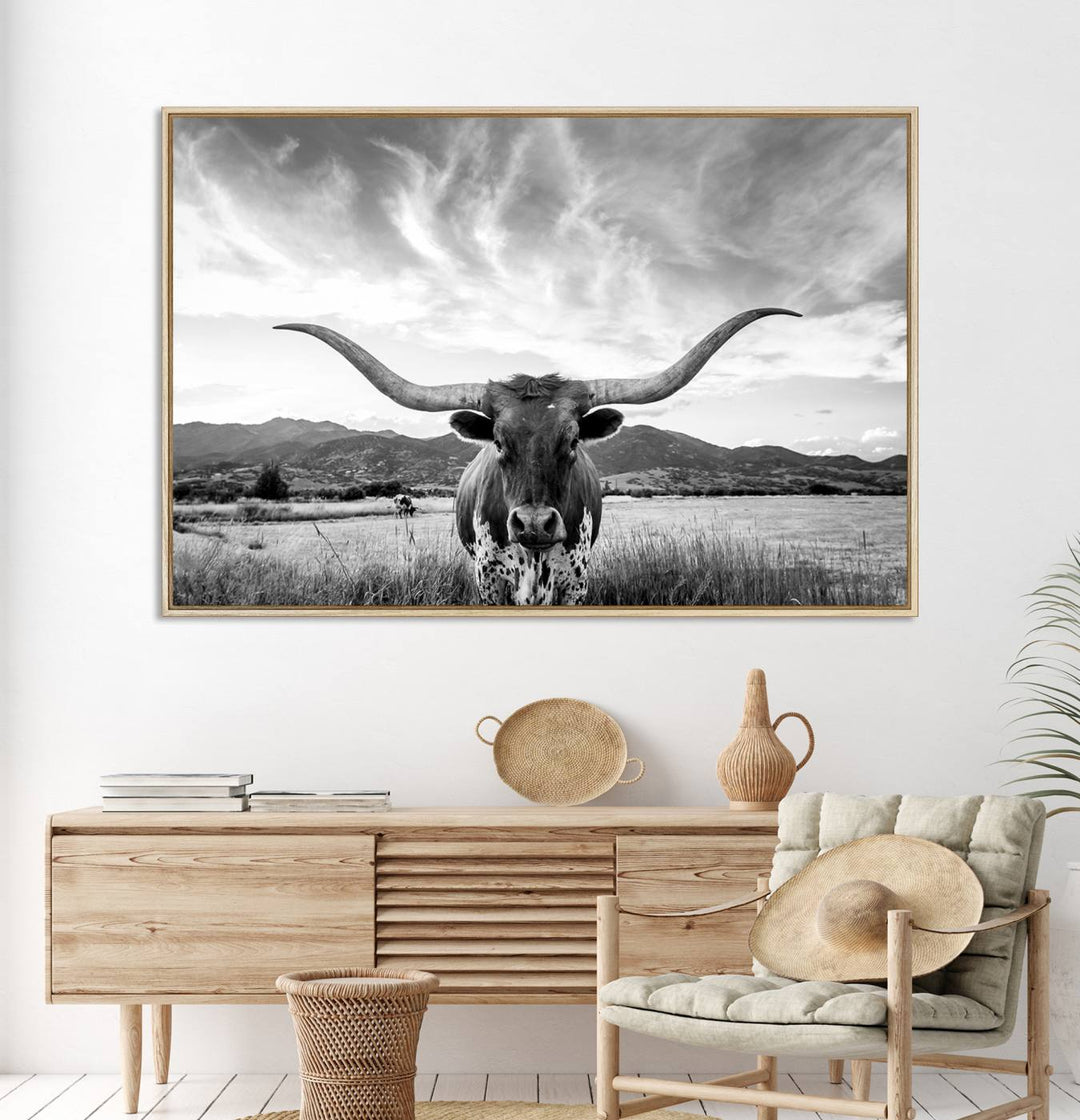 Modern living room featuring Longhorn Cow Wall Art Canvas Print.