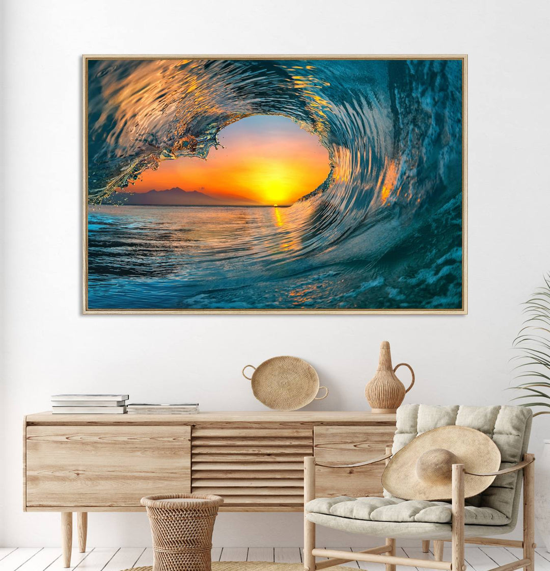 The Ocean Wave Sunset Wall Art canvas print features a vibrant ocean wave at sunset, forming a tunnel with silhouetted mountains.