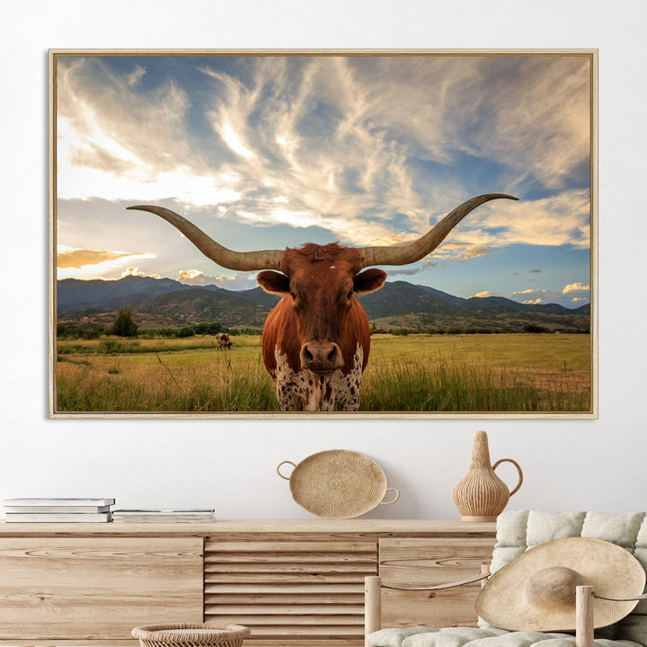 Texas Longhorn Canvas Wall Art – Majestic Triptych Animal Print – Rustic Western Decor for Living Room or Office – Ready to Hang
