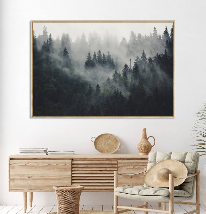 The Serene Triptych Print features tall evergreens, creating a mysterious and calming atmosphere.