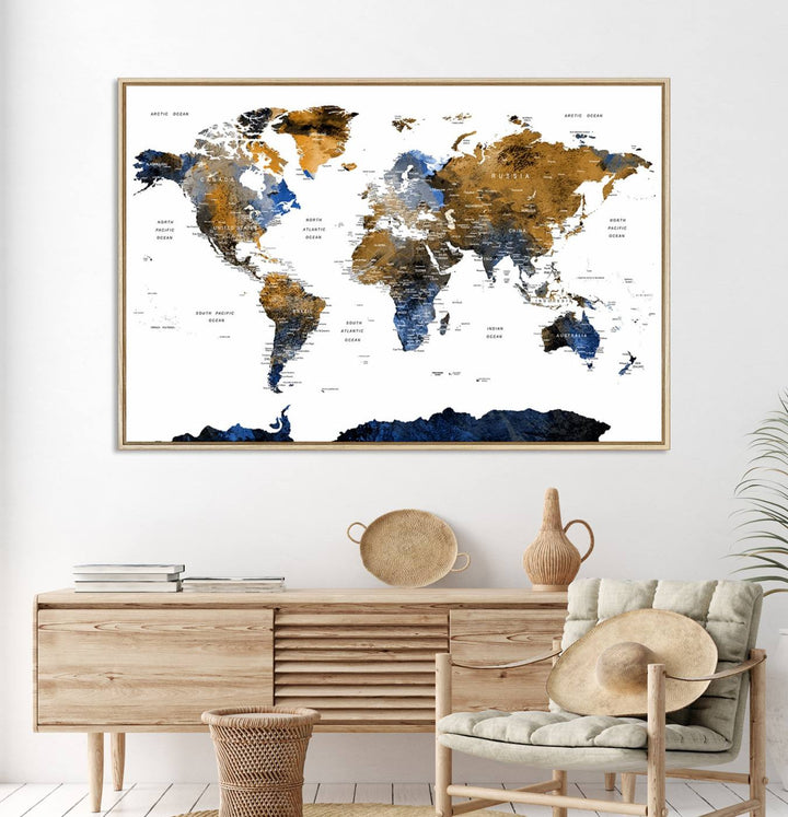 Modern Blue and Brown World Map Canvas Wall Art – Triptych Map Print – Global Decor for Living Room or Office – Ready to Hang