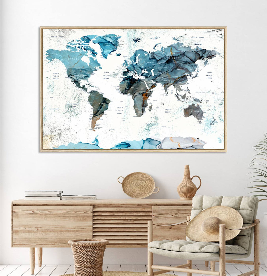 Push Pin World Map Wall Art Canvas Print adds a touch of elegance to the home decor.