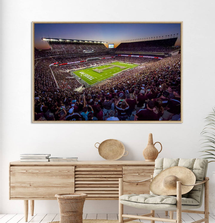 A vibrant canvas print of Texas A&M Aggies at College Stations Kyle Field Stadium captures the energy of fans cheering as the band marches at sunset.