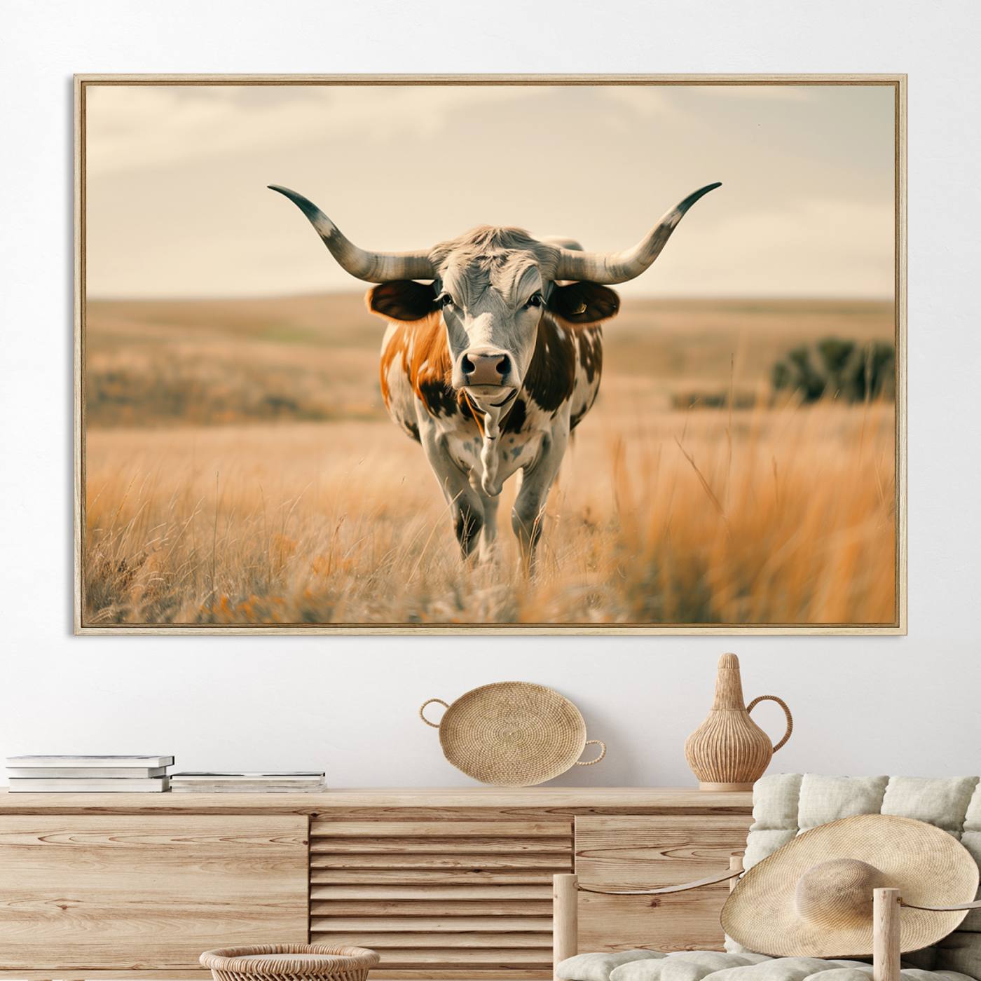 16580-MGV-CV-36X24-Texas Cow Longhorn Wall Art Canvas Print for Farm House Wall Decor, Farmhouse Cow Print Canvas Wall Art Print
