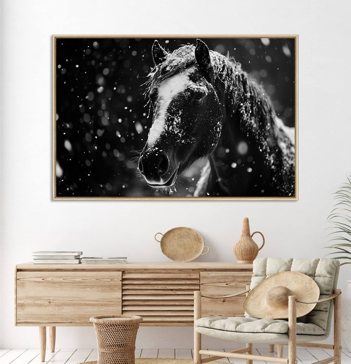 The Winter Horse Wall Art showcases a gentle horse print with snowflakes, ideal for rustic farmhouse or cabin decor.