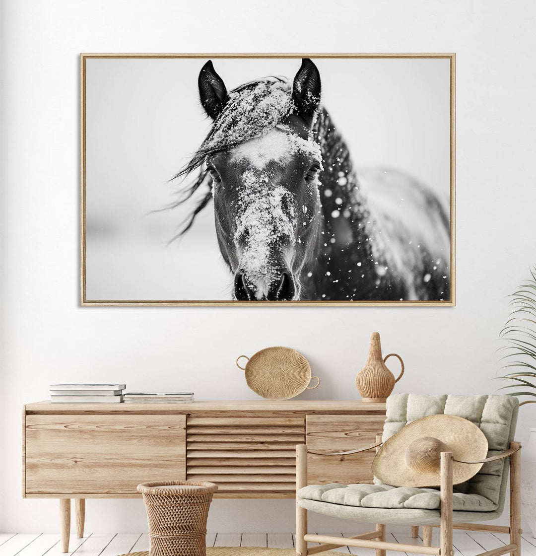 This black and white winter horse wall art enhances any decor; it is ready to hang and framed for a farmhouse or Western style.