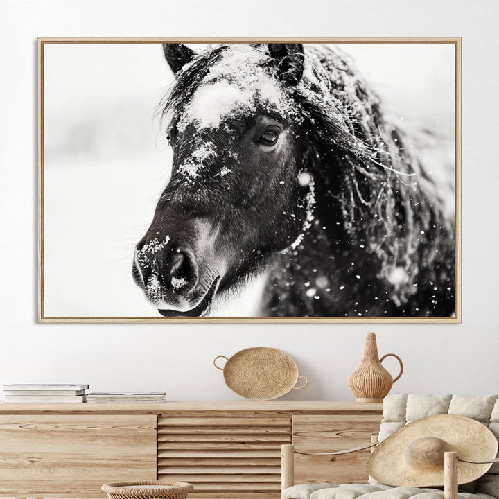 The wall art is a Black and White Horse piece, framed and ready to hang.