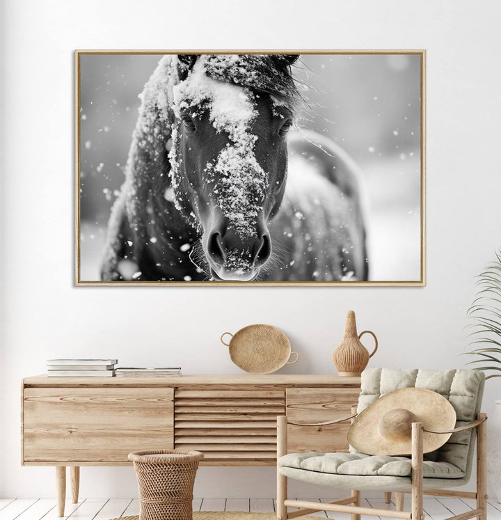 The Black and White Horse Winter Wall Art features a majestic horse with snow-covered hair set against a serene winter backdrop.