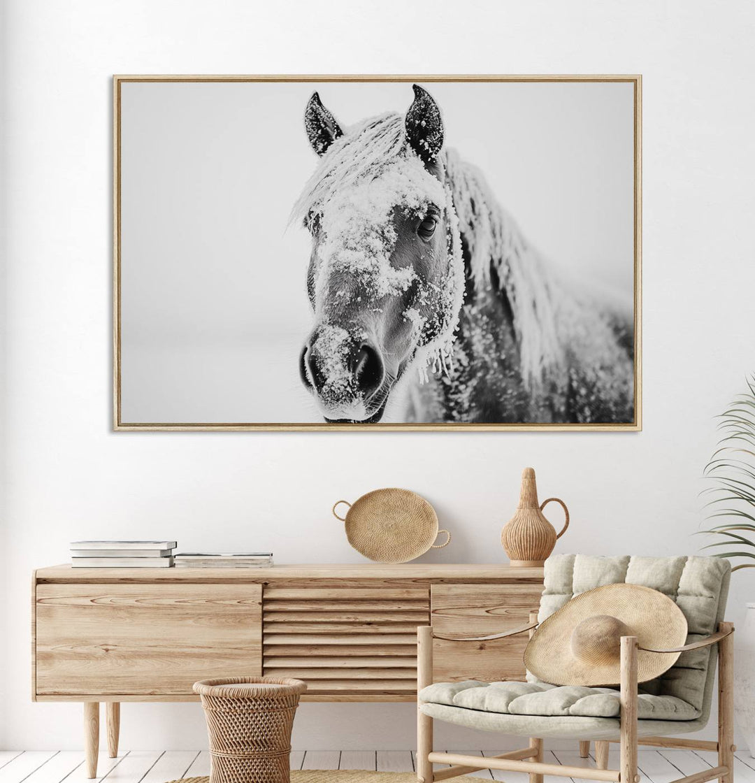 White Horse Wall Art: A black and white photo of a snow-covered horse, framed and ready to hang for farmhouse decor.