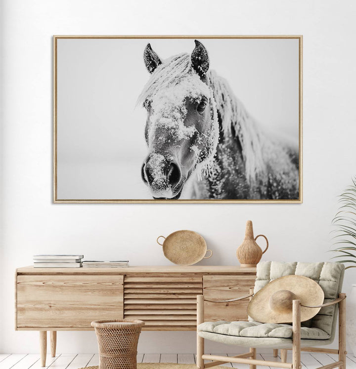 White Horse Wall Art: A black and white photo of a snow-covered horse, framed and ready to hang for farmhouse decor.