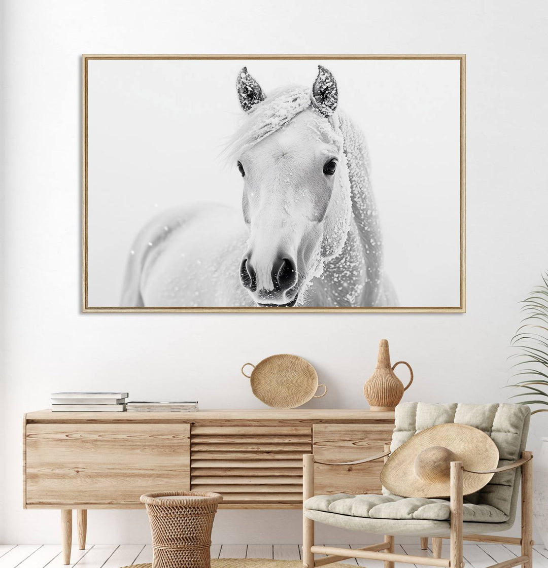 The dining room features the Majestic White Horse Wall Art, adding to its rustic charm.