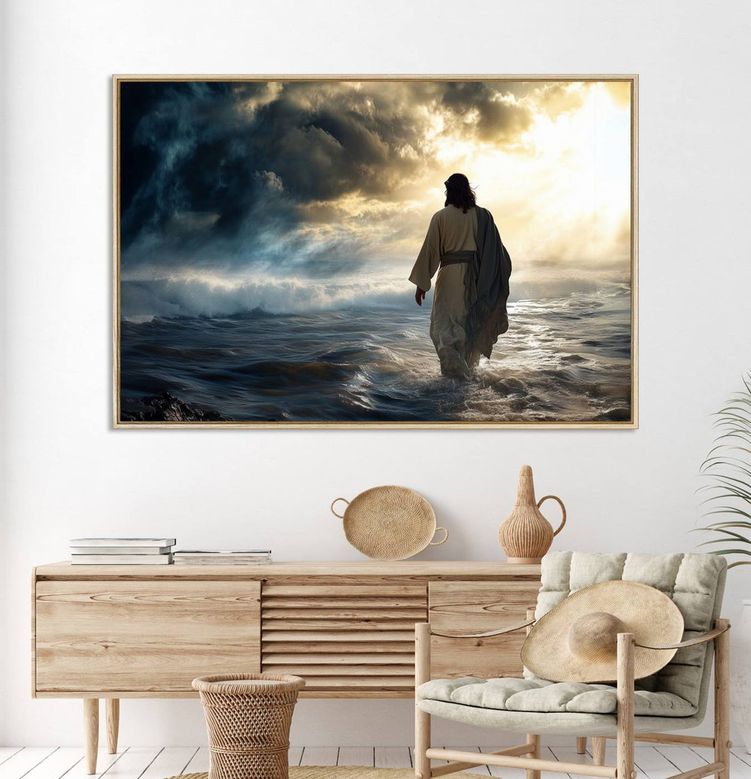 A dramatic sky serves as the backdrop for the Jesus Walking on Water wall art, a perfect piece for Christian home decor.