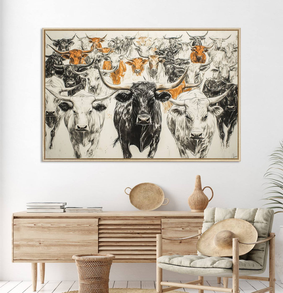 Texas Longhorn Wall Art canvas features cattle artwork with an abstract design, perfect for farmhouse decor on a porch.