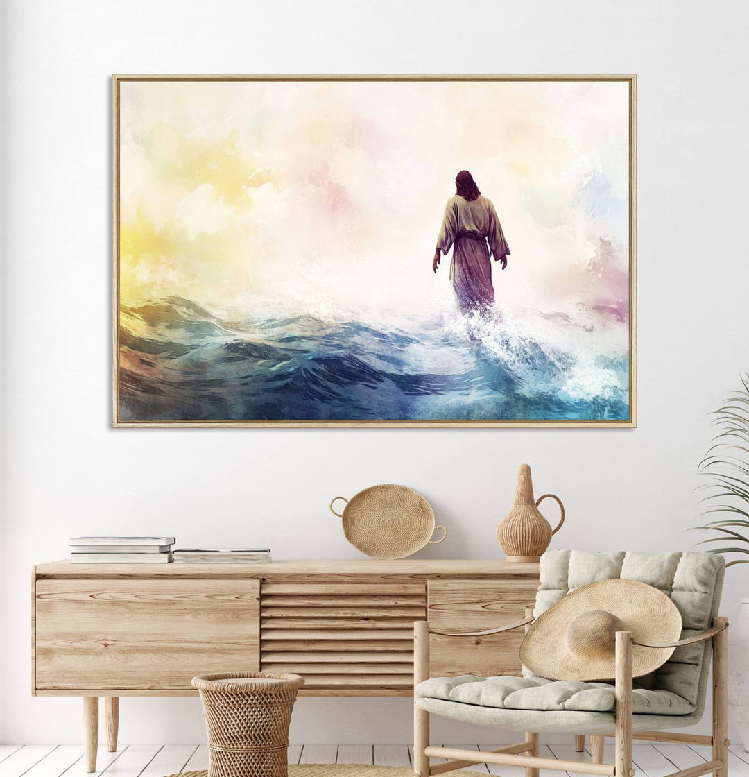 A robed figure strides on water in gentle waves, evoking the Watercolor Jesus Walking on Water canvas art.