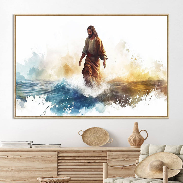 This watercolor canvas print depicts Jesus walking, characterized by abstract splashes against a serene background. It serves as a beautiful piece of Christian wall art.