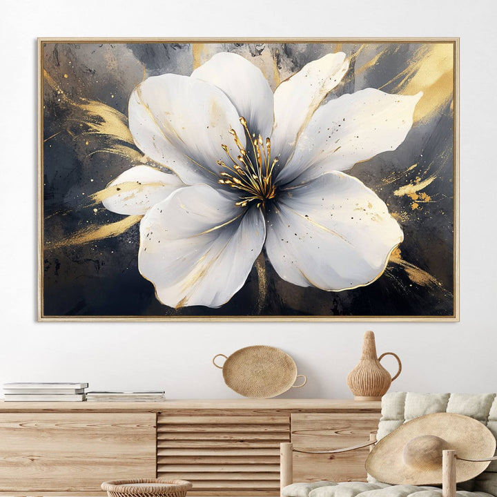 White Flower Wall Art | Canvas Print | Ready to Hang | Abstract Floral Wall Decor | Elegant Bloom Artwork | Framed for Living Room or Bedroom