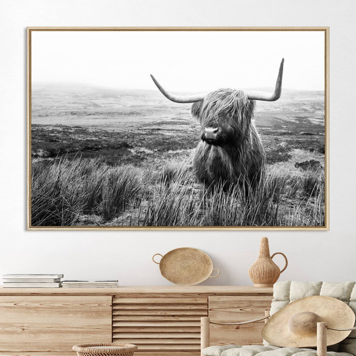 Scottish Highland Cow Wall Art | Black and White Canvas Print | Ready to Hang and Framed | Rustic Farmhouse Wall Decor for Living Room or