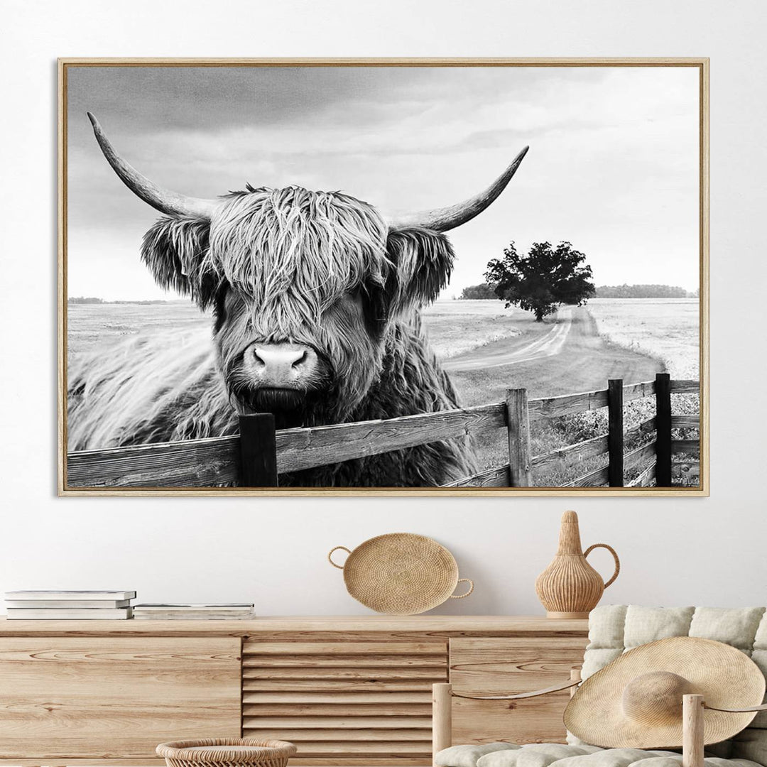 Scottish Highland Cow Wall Art | Rustic Farmhouse Décor | Black and White Ready to Hang Canvas Print