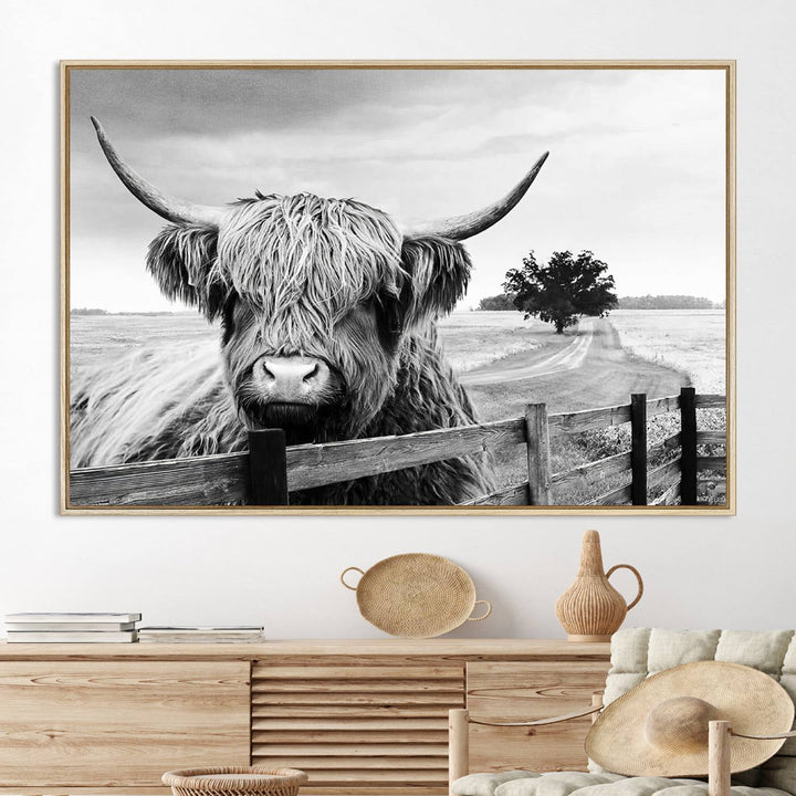 Scottish Highland Cow Wall Art | Rustic Farmhouse Décor | Black and White Ready to Hang Canvas Print