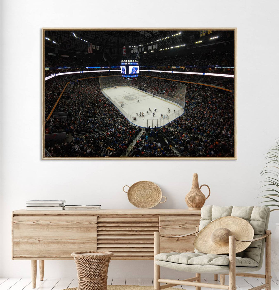 The wall art captures the essence of a Buffalo Sabres game on ice at KeyBank Center, making it deserving of a premium canvas print.