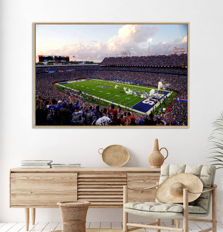 A mural of the Buffalo Bills energizes the atmosphere, capturing the excitement of a game day at Highmark Stadium, even under a cloudy sky.